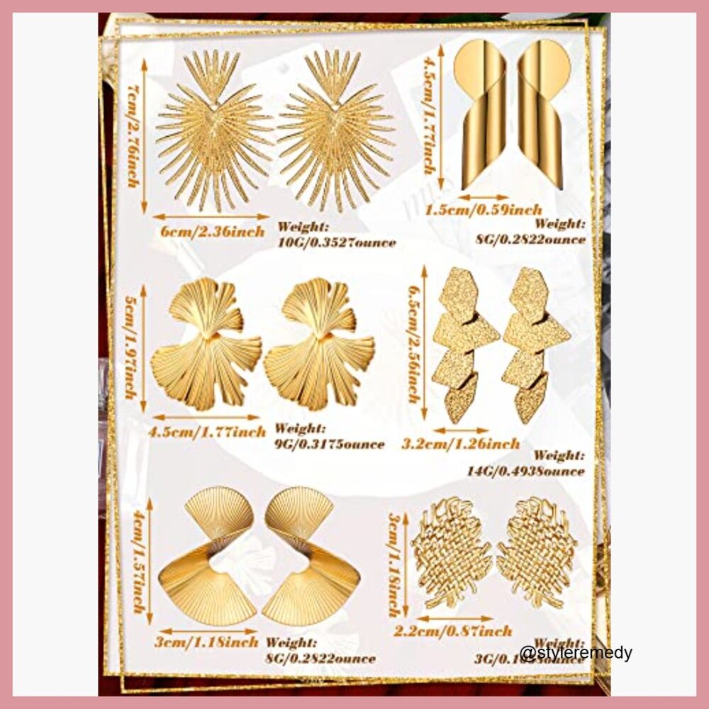 6 Pair Gold Statement Earrings Large Geometric Dr… - image 3